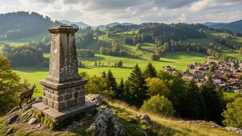 Symbolbild: ein steinernes Denkmal überblickt die idyllische Landschaft des Neuenburger Jura