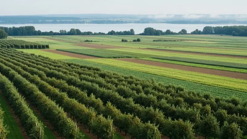 Symbolbild: Obstbäume und Ackerland prägen die grüne Landschaft mit See am Horizont
