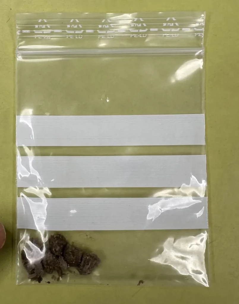 Das endoskopisch entfernte Stück Leckerli in einem Probenbeutel