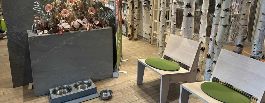Wartebereich einer Tierklinik mit Holzstühlen, Wassernäpfen und Birkenstämmen
