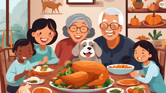 KI generiertes Bild Familienessen mit Hund zu Thanksgiving