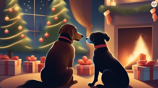 Magic Media Bild Weihnachtsszene Kaminfeuer zwei Hunde Christbäume Frohe Weihnachten