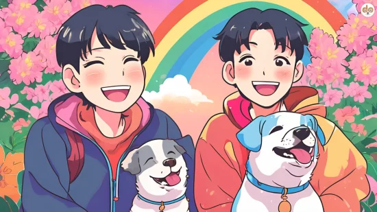 Anime Cartoon zum Welthundetag, Pärchen mit zwei Hunden vor Regenbogen und Blumen