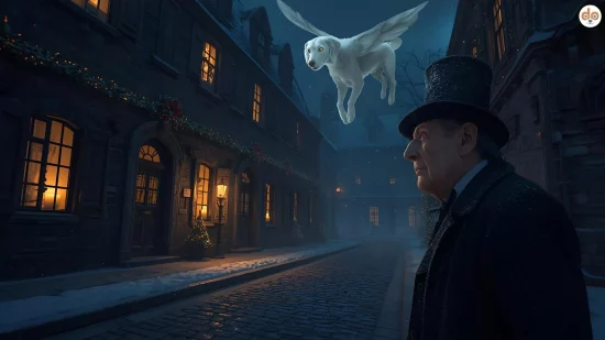 Ebenezer Scrooge mit dem Geist der vergangenen Weihnacht als Hund